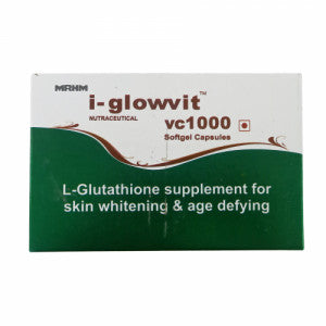 Box of I-Glowvit VC 1000 nutritional supplement for skin whitening and aging, with green and white packaging and text.
