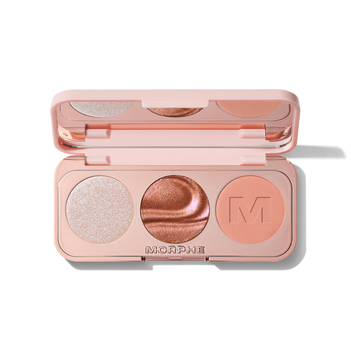 {Dream Sequins} Morphe ChromaPlus Eyeshadow Trio in Dream Sequins open compact in blush peach case with three round pans – metallic pearl shimmer, metallic copper bronze shimmer, and matte peach coral eyeshadow