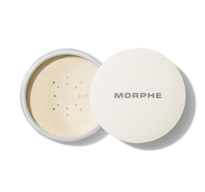 Open Morphe Jumbo Bake & Set Soft-Focus Setting Powder jar showing Translucent loose powder under sifter, white MORPHE lid.