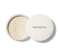 Open Morphe Jumbo Bake & Set Soft-Focus Setting Powder jar showing Translucent loose powder under sifter, white MORPHE lid.