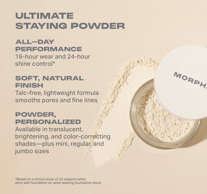 Morphe Jumbo Bake & Set Soft-Focus Setting Powder benefits: Ultimate Staying Powder, 16-hour wear, 24-hour shine control, talc-free natural finish, translucent, brightening, color-correcting shades.