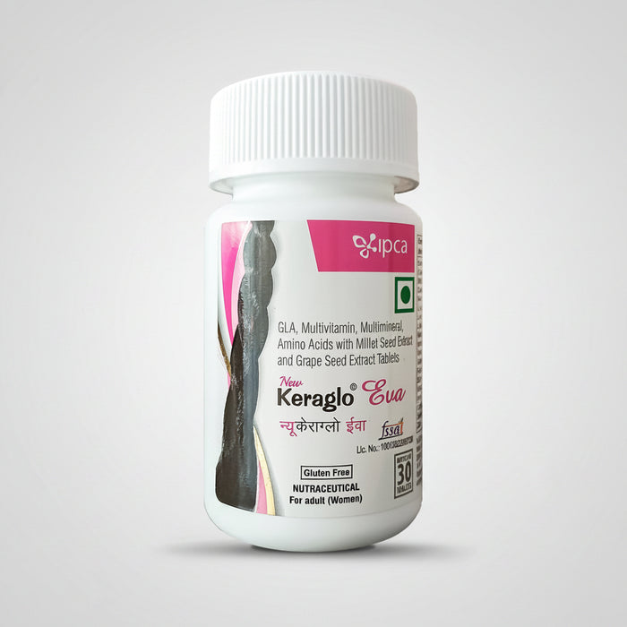 A bottle of 'Keraglo Eva' hair care tablets by Ipca, with a label showing the brand name and a silhouette of a woman's head, indicating the product's use for hair care.