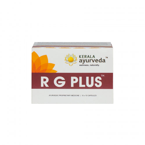 A box of Kerala Ayurveda Rg-Plus capsules with 100 capsules inside. The packaging is predominantly white with a red and orange flower illustration on the front.
