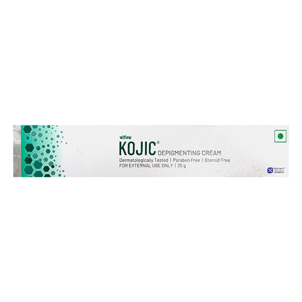 A box of Kojic cream, 25gm, with branding and product information displayed on the packaging.