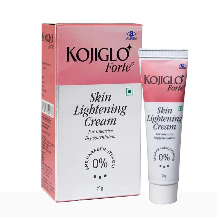 Kojiglo Forte Cream packaging and tube. The packaging is primarily pink and white with text and the product name, and the tube is also shown with the brand name and product description.