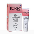 Kojiglo Forte Cream packaging and tube. The packaging is primarily pink and white with text and the product name, and the tube is also shown with the brand name and product description.