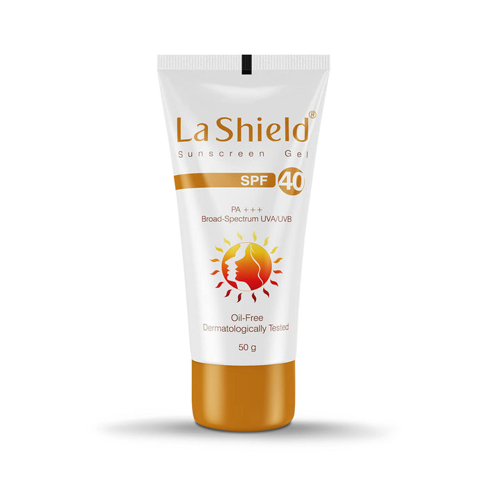 La Shield Sunscreen Gel SPF 40 in a white tube with orange and black text, indicating the product is oil-free, dermatologically tested, and provides broad spectrum protection.
