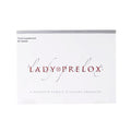 A box of Lady Prelox, a patented female pleasure enhancer, with 60 tablets. The packaging is primarily white with red and grey text and branding.