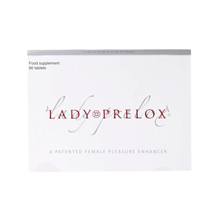 A box of Lady Prelox, a patented female pleasure enhancer, with 60 tablets. The packaging is primarily white with red and grey text and branding.