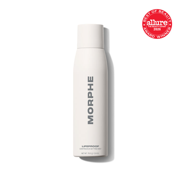 {Regular - 2.8 Oz} Morphe Lifeproof 16 Hr Wear Continuous Setting Mist spray can labeled MORPHE LIFEPROOF CONTINUOUS SETTING MIST NET WT. 79.5 g / 2.8 OZ.