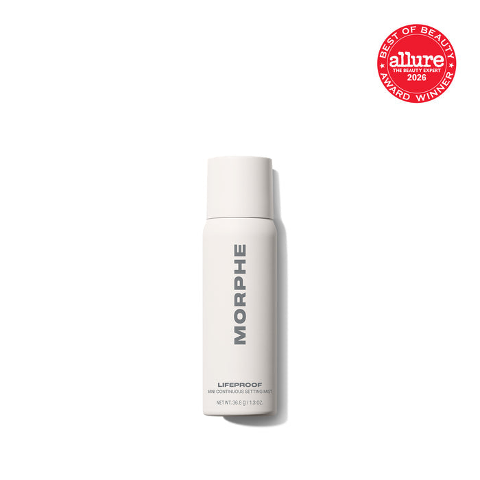 {Mini - 1.3 Oz} Morphe Lifeproof 16 Hr Wear Continuous Setting Mist mini spray can labeled MORPHE LIFEPROOF MINI CONTINUOUS SETTING MIST NET WT. 36.8 g / 1.3 OZ.