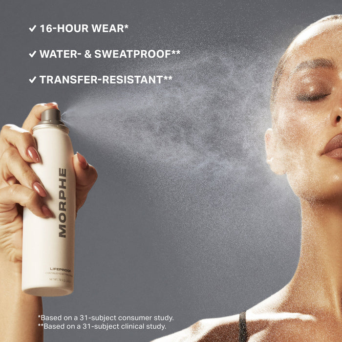 Morphe Lifeproof 16 Hr Wear Continuous Setting Mist sprayed on model's face with benefit callouts: ✓ 16-HOUR WEAR* ✓ WATER- & SWEATPROOF** ✓ TRANSFER-RESISTANT** *Based on a 31-subject consumer study. **Based on a 31-subject clinical study.
