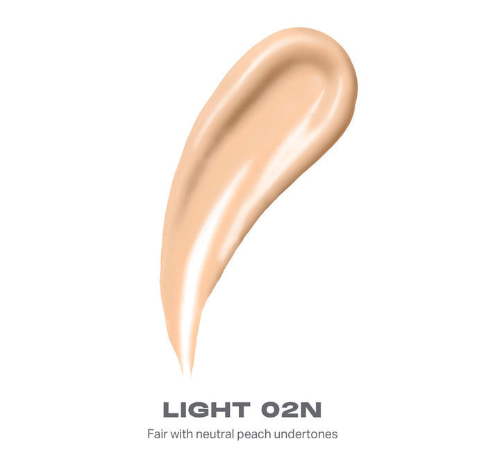 {Light 02N} Lightform Extended Hydration Foundation shade swatch in Light 02N — Fair with neutral peach undertones, liquid teardrop smear on white.