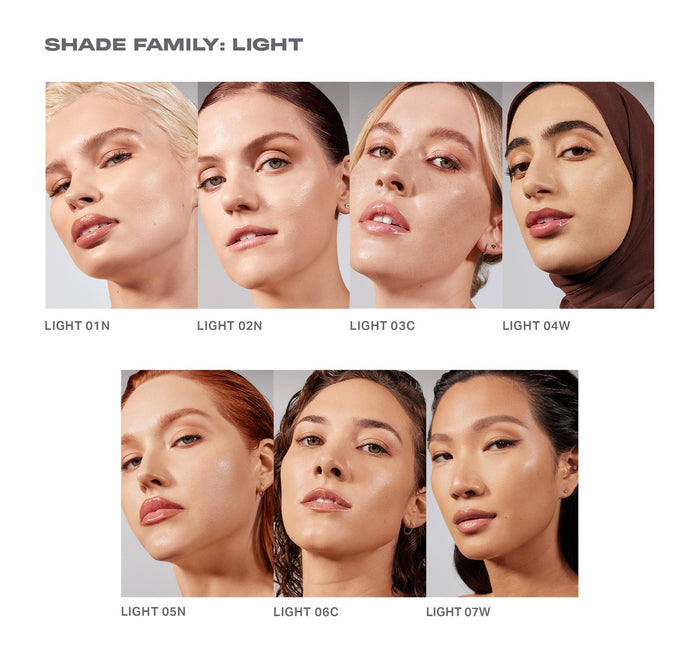 {Light 02N} Lightform Extended Hydration Foundation "SHADE FAMILY: LIGHT" — seven shades (Light 01N, 02N, 03C, 04W, 05N, 06C, 07W) worn on diverse skin tone models.