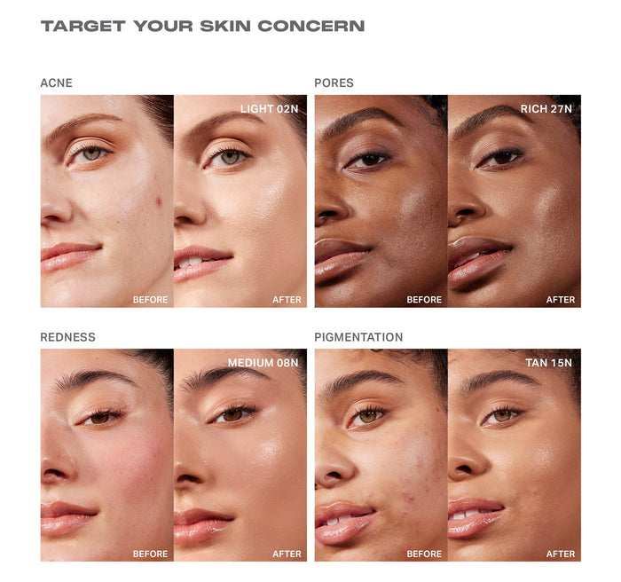 {Light 02N} Lightform Extended Hydration Foundation "TARGET YOUR SKIN CONCERN" before-and-after panels: Acne (Light 02N), Pores (Rich 27N), Redness (Medium 08N), and Pigmentation (Tan 15N).