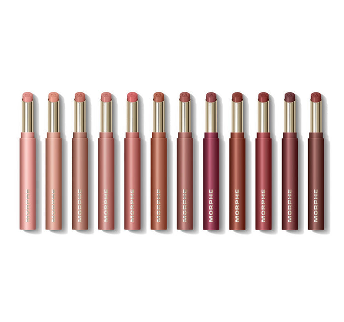 Morphe Lip Filter HydroPlump Soft Matte Lipstick Bundle featuring 12 MORPHE-branded lipstick shades ranging from soft pink to deep berry and brown.
