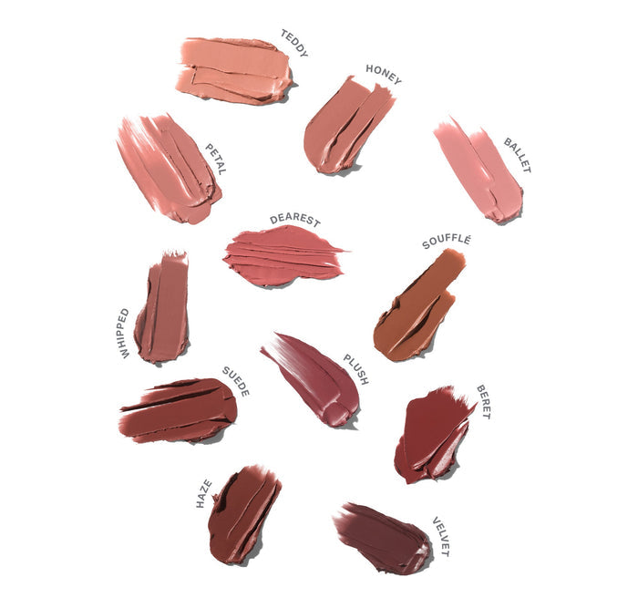 Lip Filter Hydroplump Soft Matte Lipstick Bundle shade smears: Teddy, Honey, Ballet, Petal, Dearest, Soufflé, Whipped, Plush, Suede, Beret, Haze, and Velvet.