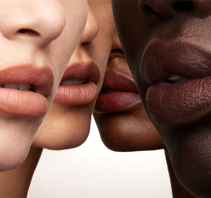 Three models wearing Lip Filter HydroPlump Soft Matte Lipstick Bundle shades from nude-pink to deep berry across diverse skin tones.
