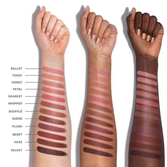 Lip Filter Hydroplump Soft Matte Lipstick Bundle arm swatches across three skin tones showing shades Ballet, Teddy, Honey, Petal, Dearest, Whipped, Soufflé, Suede, Plush, Beret, Haze, and Velvet.