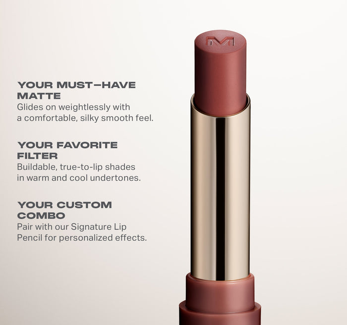Lip Filter Hydroplump Soft Matte Lipstick Bundle benefits infographic: "YOUR MUST–HAVE MATTE Glides on weightlessly with a comfortable, silky smooth feel. YOUR FAVORITE FILTER Buildable, true-to-lip shades in warm and cool undertones. YOUR CUSTOM COMBO Pair with our Signature Lip Pencil for personalized effects."