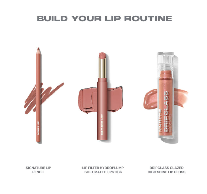 "Build Your Lip Routine" infographic for the Lip Filter HydroPlump Soft Matte Lipstick Bundle featuring three Morphe products: Signature Lip Pencil, Lip Filter HydroPlump Soft Matte Lipstick, and Dripglass Glazed High Shine Lip Gloss, each shown with a mauve-nude swatch.