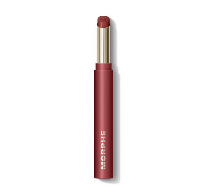 {Beret} Morphe Lip Filter Hydroplump Soft Matte Lipstick open tube in a deep mauve-rose shade with gold collar and MORPHE wordmark on the burgundy packaging.