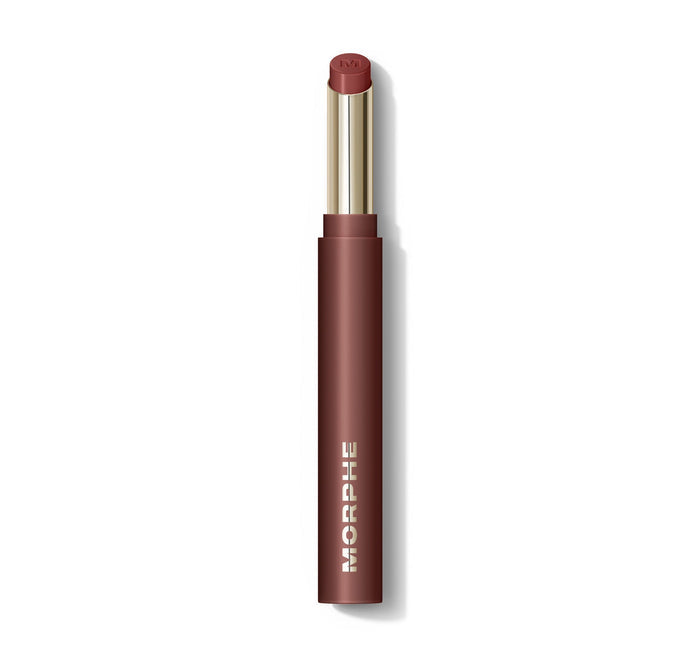 {Haze} Morphe Lip Filter Hydroplump Soft Matte Lipstick in a deep mauve-brown tube with gold collar, bullet extended, MORPHE printed on barrel.