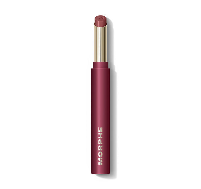 {Plush} Morphe Lip Filter Hydroplump Soft Matte Lipstick in Plush, open bullet showing deep berry-mauve shade, MORPHE printed on tube.