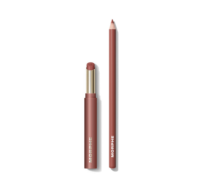 Morphe Lip Filter Signature Lip Bundle showing an open lip color bullet with gold ferrule and a lip liner pencil, both labeled MORPHE in a mauve-nude shade.