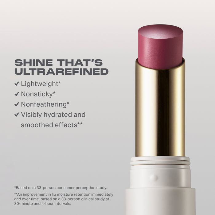 Liplock Glossy Lipstick benefits infographic: "SHINE THAT'S ULTRAREFINED" — Lightweight*, Nonsticky*, Nonfeathering*, Visibly hydrated and smoothed effects**