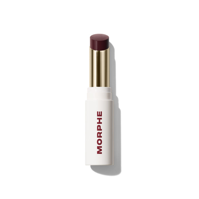 {Berry Bolted} Morphe Liplock Glossy Lipstick in a deep berry shade, open tube with gold collar and white MORPHE case.