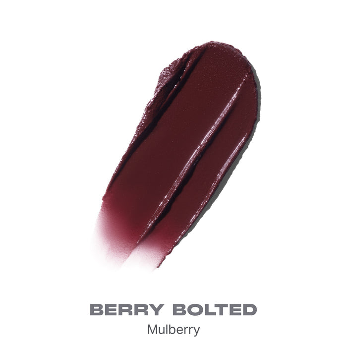 {Berry Bolted} Liplock Glossy Lipstick shade swatch in deep mulberry, labeled BERRY BOLTED / Mulberry.