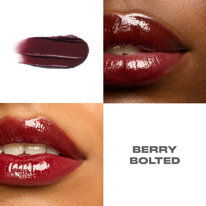 {Berry Bolted} Liplock Glossy Lipstick macro collage showing deep berry-red shade swatch and two model lip close-ups with high-gloss finish, labeled BERRY BOLTED.