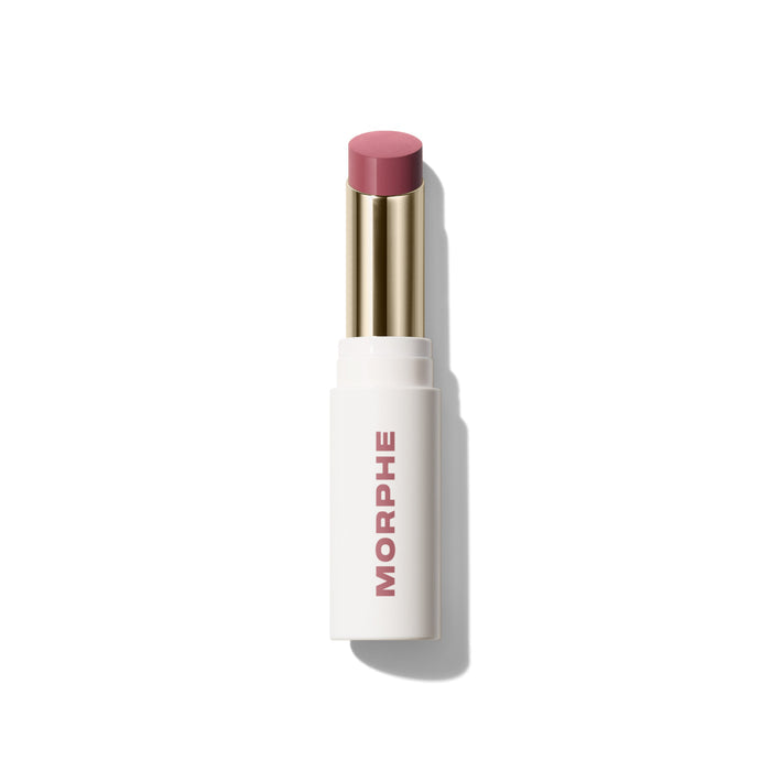 {Chain Reaction} Morphe Liplock Glossy Lipstick in a mauve-pink shade, open bullet, white tube printed with MORPHE.