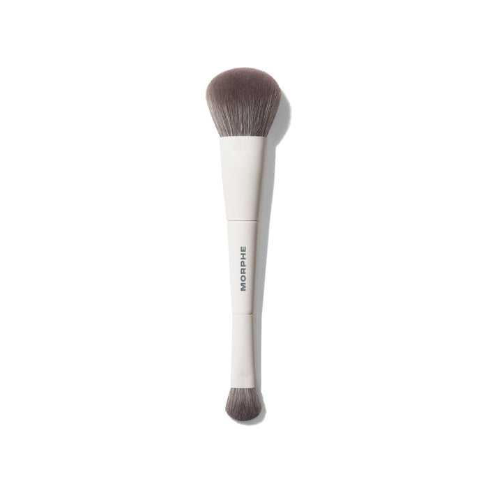 Morphe M100 Dual Ended Foundation & Concealer Brush with a large fluffy foundation head and small concealer tip, cream handle stamped MORPHE.