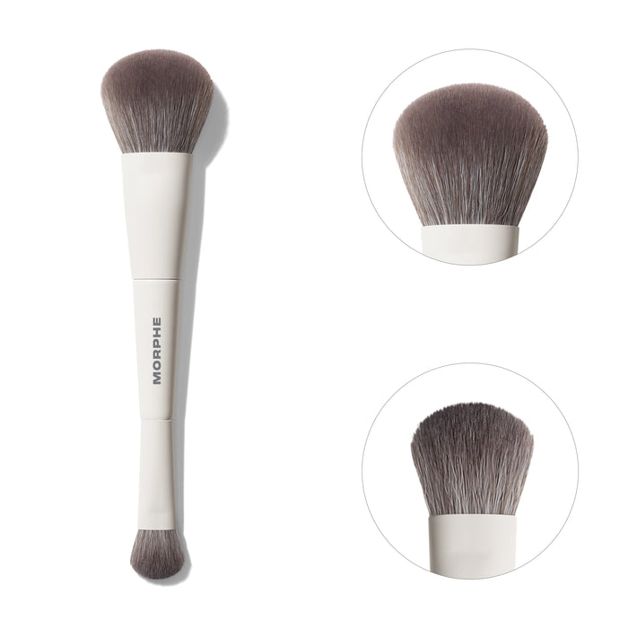 Morphe M100 Dual Ended Foundation & Concealer Brush with white handle branded MORPHE, shown full-length alongside close-up circles of both tapered ends.