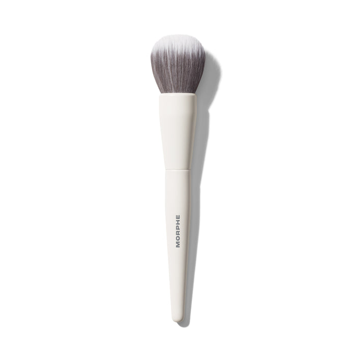 Morphe M102 Rounded Cream & Liquid Foundation Brush with cream handle, MORPHE engraved, and soft tapered grey-white bristles.