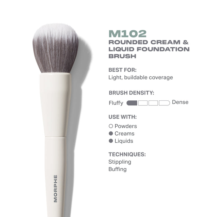 M102 Rounded Cream & Liquid Foundation Brush. Best for: Light, buildable coverage. Density: Fluffy. Use with creams, liquids. Stippling, buffing.