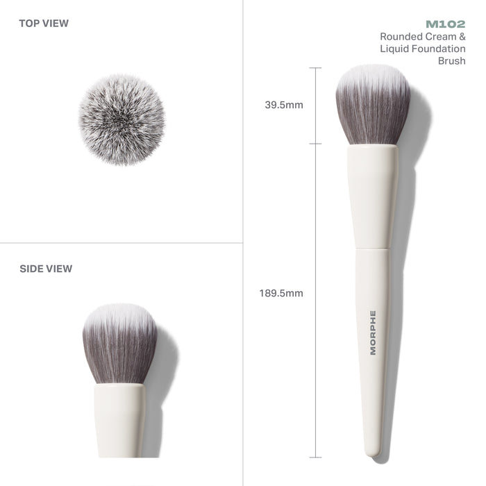 M102 Rounded Cream & Liquid Foundation Brush from Morphe in top and side views: 39.5mm head, 189.5mm length.