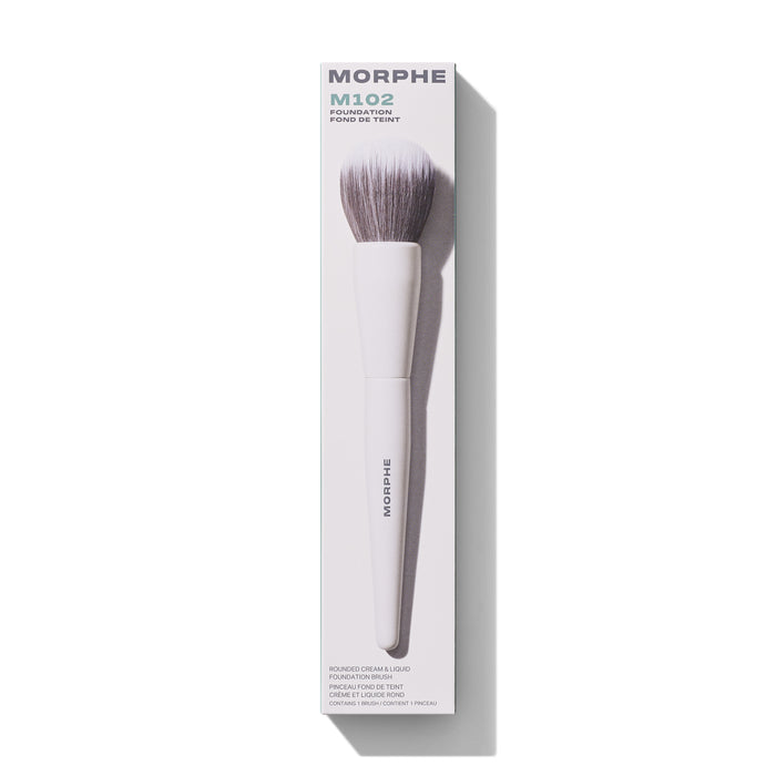 Morphe M102 Foundation Fond De Teint box: Rounded Cream & Liquid Foundation Brush, Pinceau Fond De Teint Crème Et Liquide Rond, contains 1 brush.