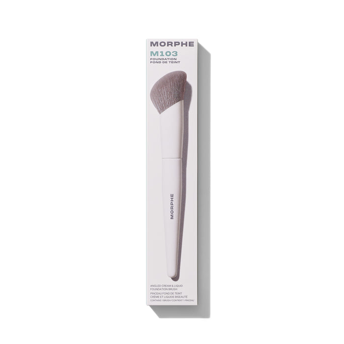 Morphe M103 Foundation Fond De Teint box: Angled Cream & Liquid Foundation Brush, Pinceau Fond De Teint Crème Et Liquide Biseauté, contains 1 brush.