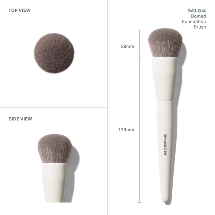 M104 Domed Foundation Brush measurements infographic with TOP VIEW and SIDE VIEW: 29mm dome head and 179mm total length.