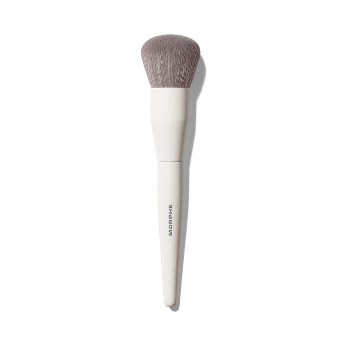 Morphe M105 Large Domed Foundation & Body Brush with cream handle labeled MORPHE and soft gray domed bristles, solo product shot.