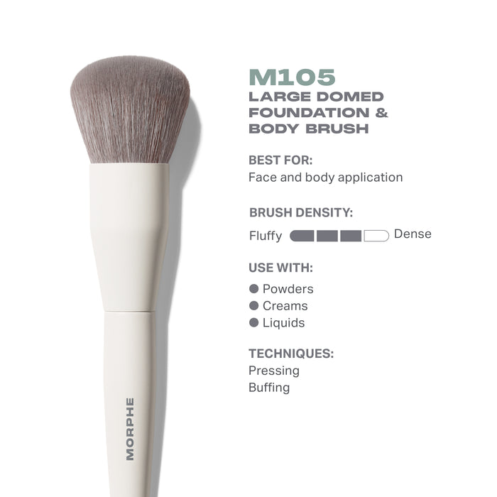 Morphe M105 Large Domed Foundation & Body Brush infographic: Best For: Face and body application; Brush Density: Fluffy to Dense; Use With: Powders, Creams, Liquids; Techniques: Pressing, Buffing.