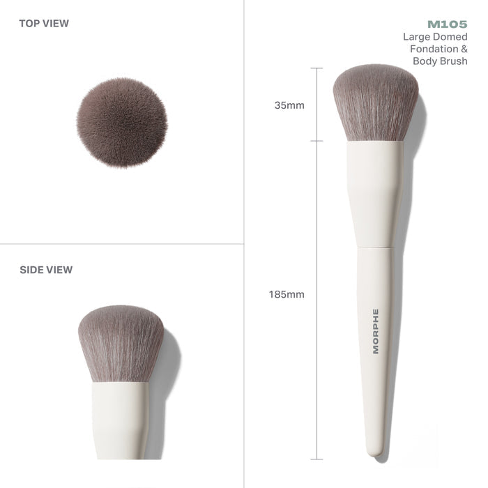 Morphe M105 Large Domed Foundation & Body Brush infographic showing TOP VIEW and SIDE VIEW with measurements: 35mm head, 185mm total length, cream handle with MORPHE imprint.