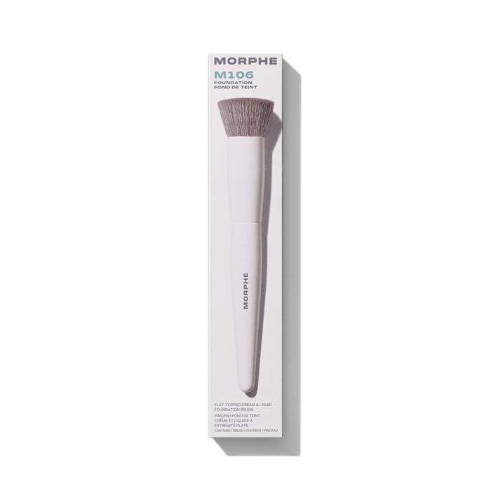 M106 Flat-Topped Cream & Liquid Foundation Brush in MORPHE Foundation/Fond de Teint retail box labeled Pinceau Fond de Teint Creme et Liquide a Extremite Plate.