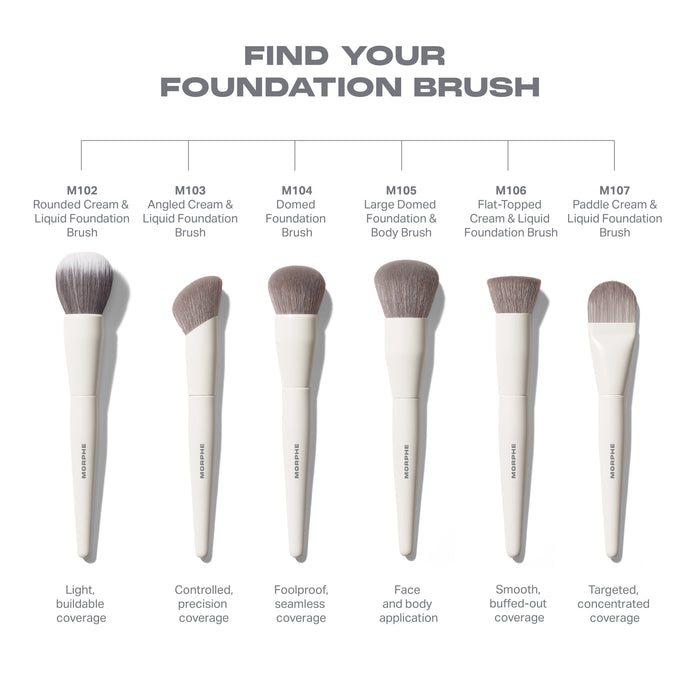 FIND YOUR FOUNDATION BRUSH lineup: M102 Rounded, M103 Angled, M104 Domed, M105 Large Domed Foundation & Body, M106 Flat-Topped, M107 Paddle Cream & Liquid Foundation Brushes.