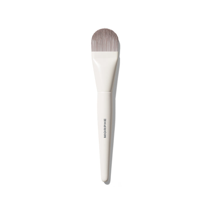 Morphe M107 Paddle Cream & Liquid Foundation Brush with white tapered handle labeled MORPHE and flat paddle-shaped gray bristles.