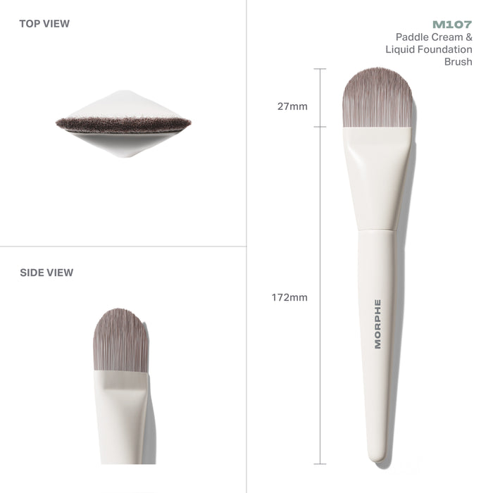 M107 Paddle Cream & Liquid Foundation Brush infographic showing TOP VIEW and SIDE VIEW with measurements: 27mm bristles, 172mm total height, white MORPHE handle.