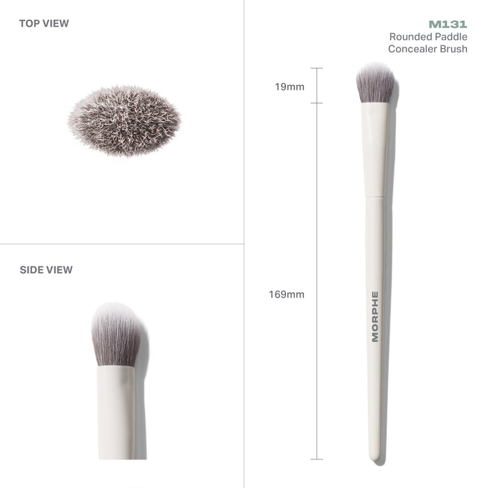 M131 Rounded Paddle Concealer Brush from Morphe shown in top and side views with measurements: 19mm head, 169mm length.